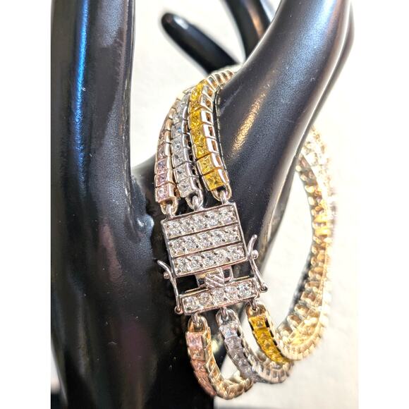 PJM 925 Sterling Pink Yellow Clear Princess Cut Three Strand Tennis Bracelet - Picture 4 of 10